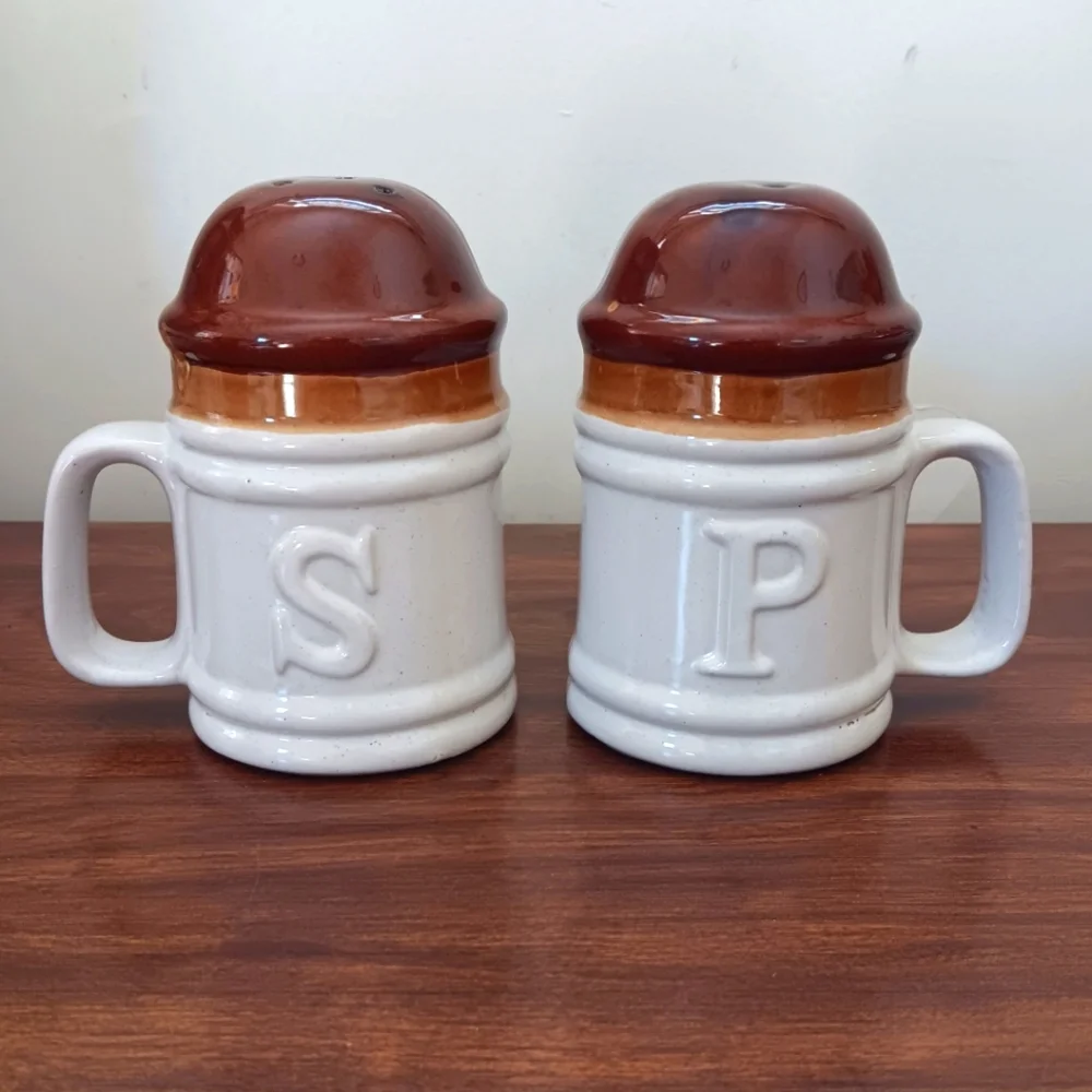 Vintage Ceramic Brown & White Glazed Salt & Pepper Shaker Set